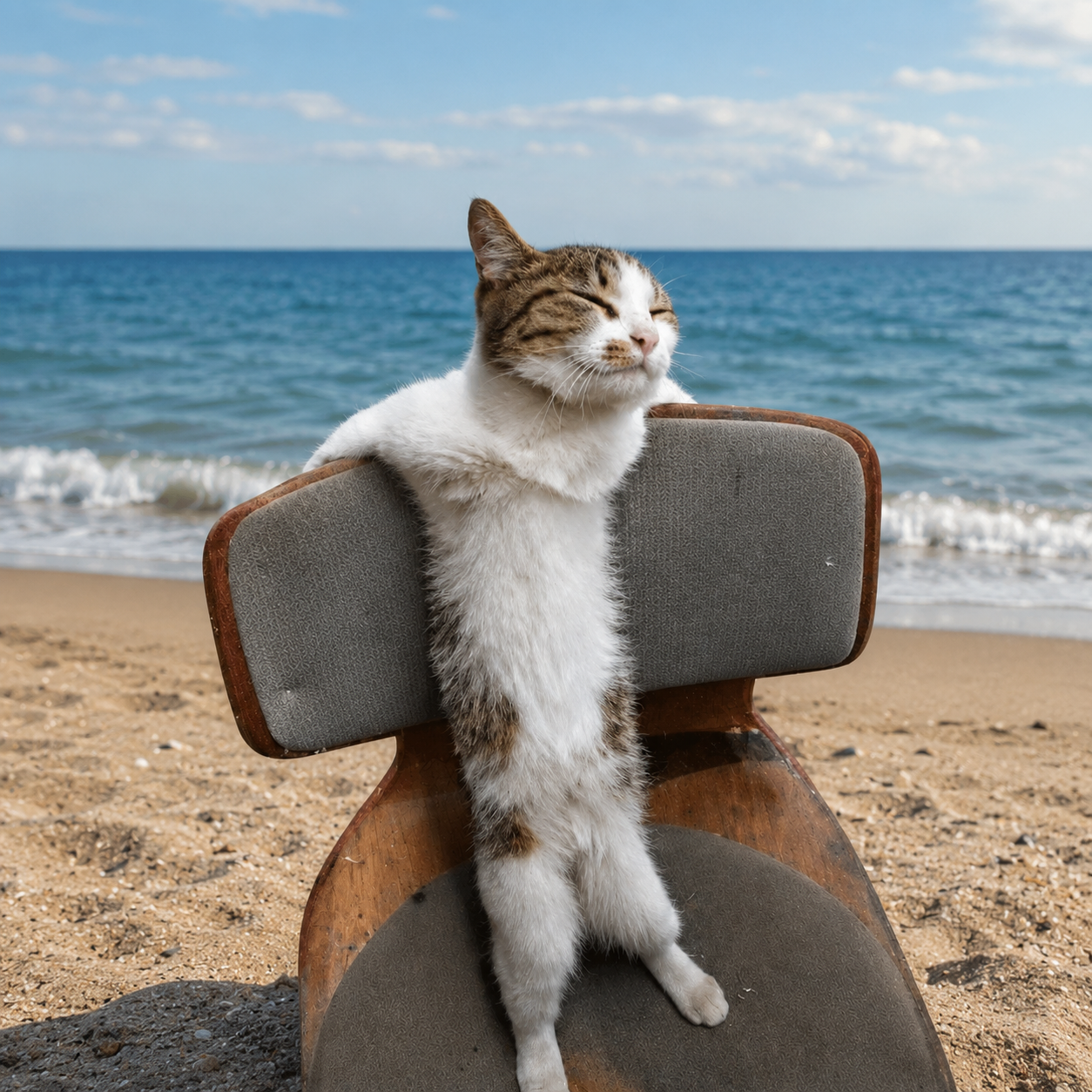 AFK Cat in his chair on a beach